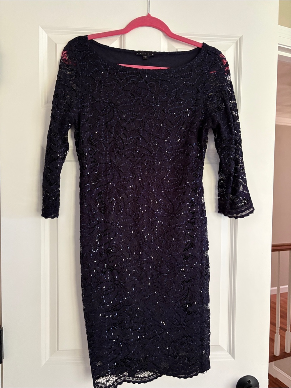 Elegant Navy Lace Sequin Sheath Dress - Women's